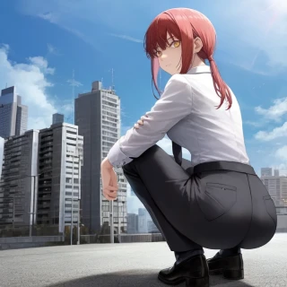 From behind, Anime style, Chainsaw Man Makima, Buttocks, Squatting, Dress, Suit, Shirt, Business Y-shirt